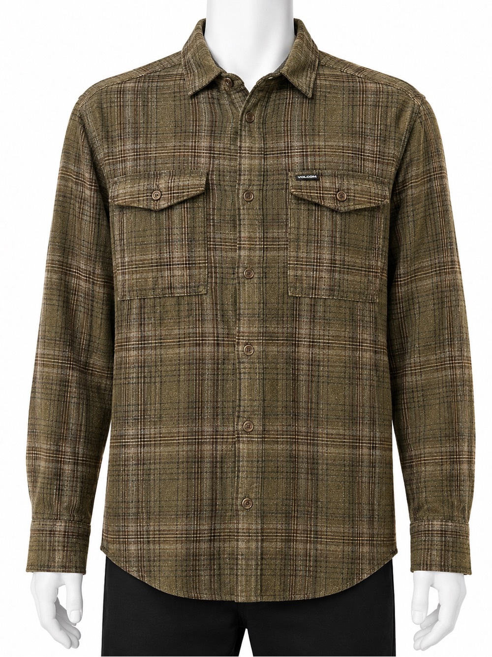 Volcom Men’s XXL Brown Olive Plaid Flannel Shirt Classic Fit Shacket